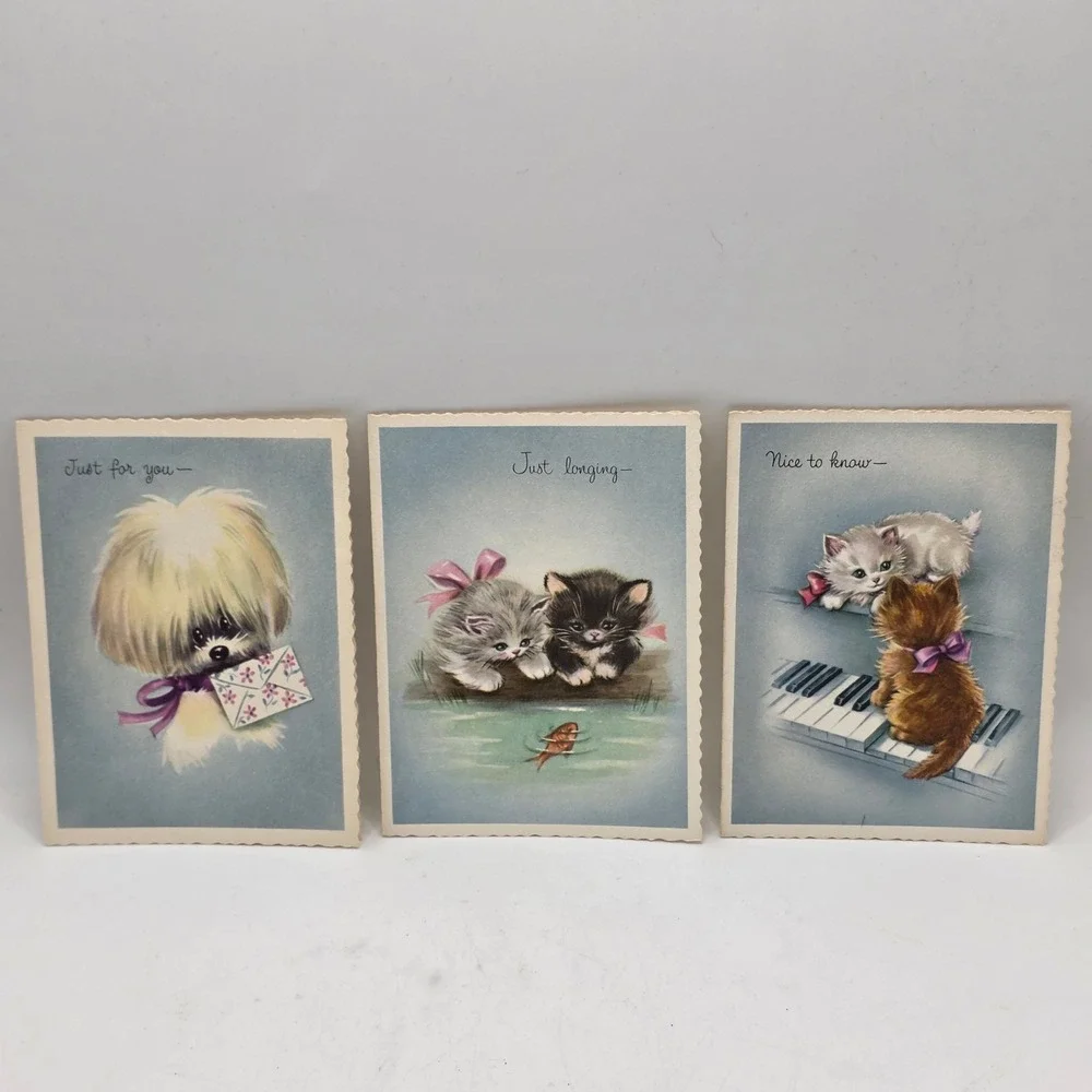Vintage Greeting Cards‎ Set 3 Puppy Kittens Blue Scalloped Mid Century Ephemera